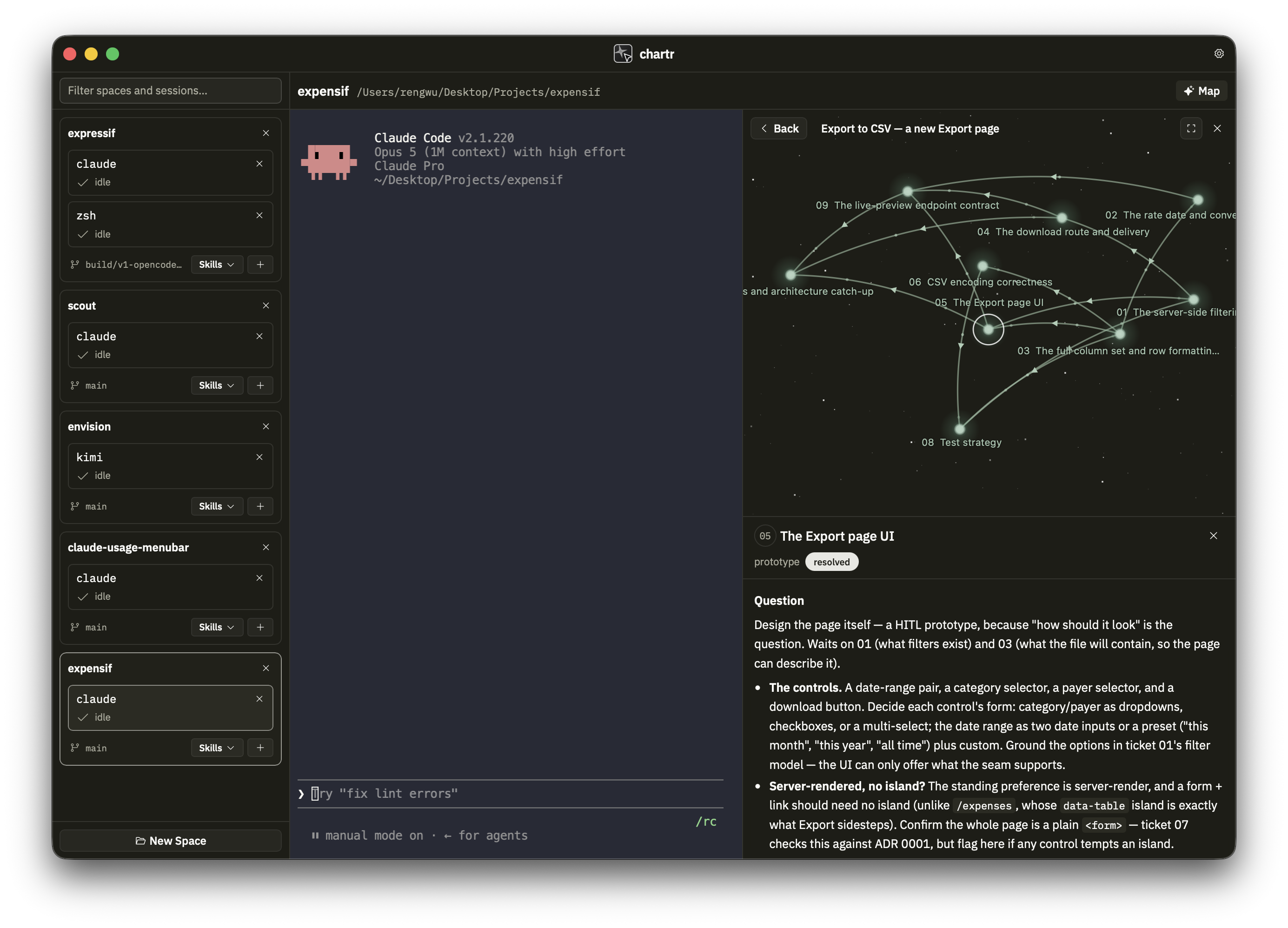 The chartr cockpit: sidebar of spaces, a Claude Code session, and a wayfinder star-map with tickets and dependencies